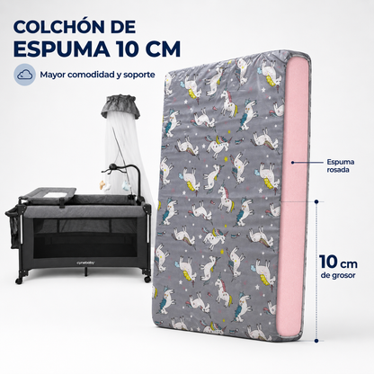 Combo Cuna Colecho Zafiro Multifuncional + Colchón de Espuma 10 cm