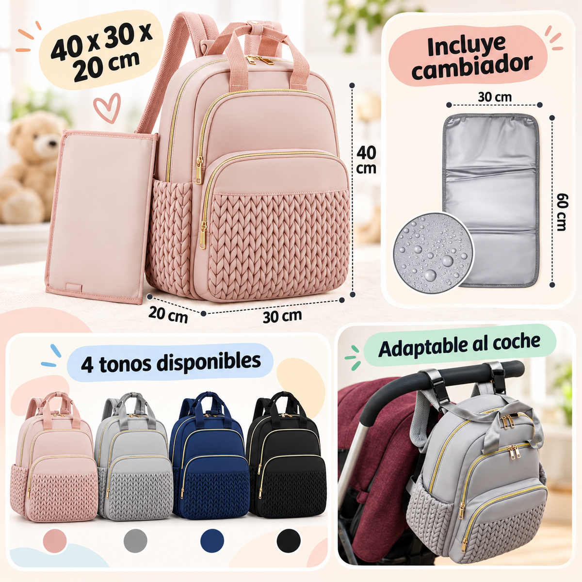 Pañalera Tipo Morral con Cambiador para Bebé 💕