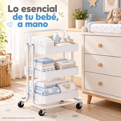 Carrito Organizador De 3 niveles con ruedas y asa blanco