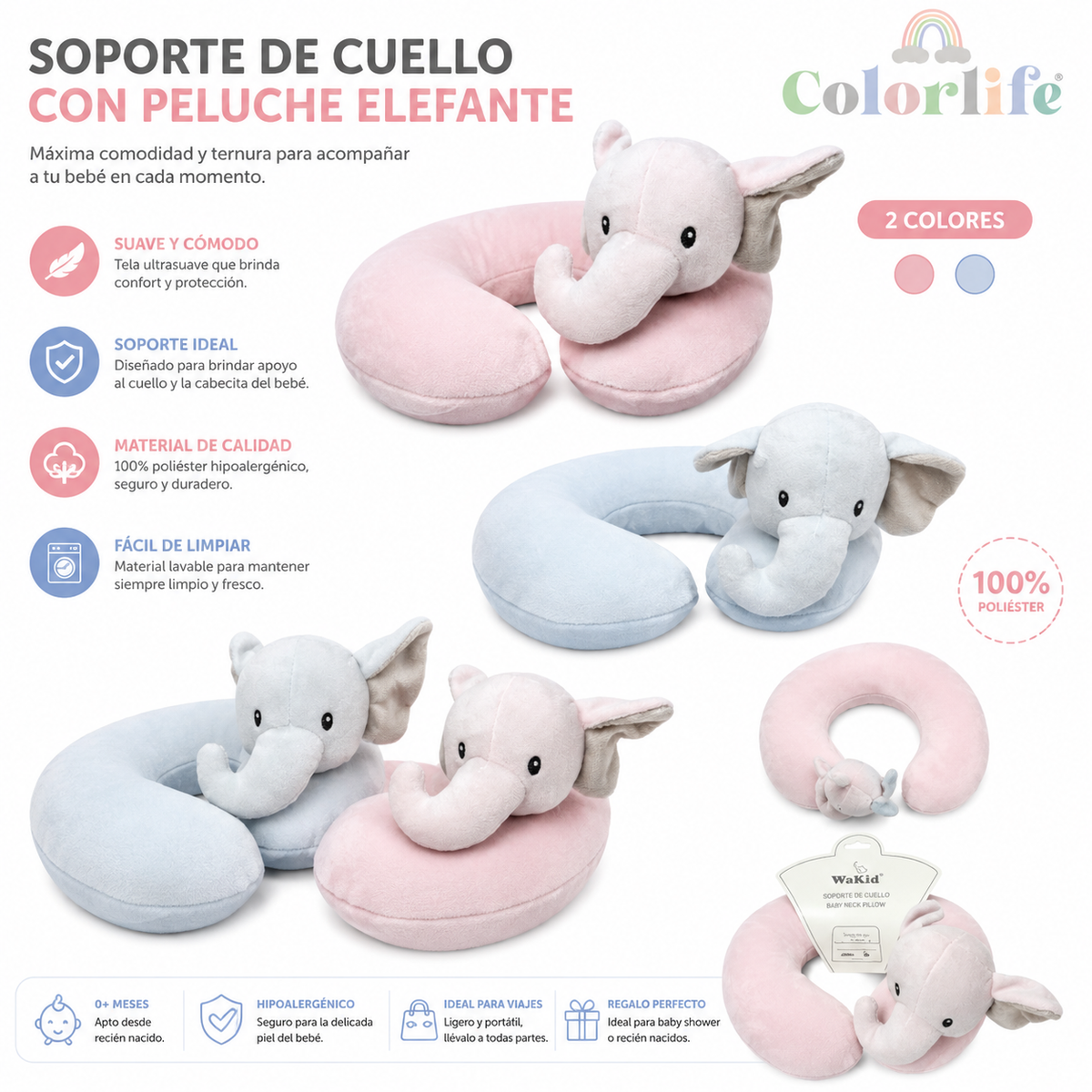 Soporte de Cuello para Bebé con Peluche Elefante | 2 Colores