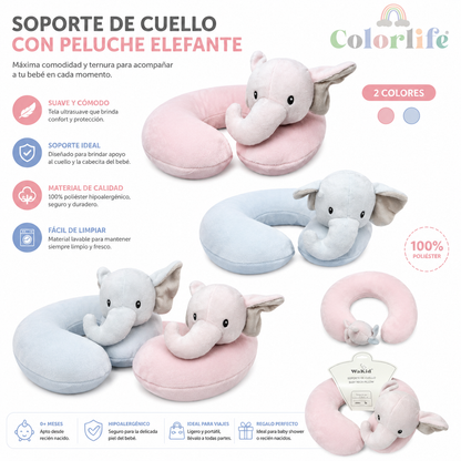 Soporte de Cuello para Bebé con Peluche Elefante | 2 Colores