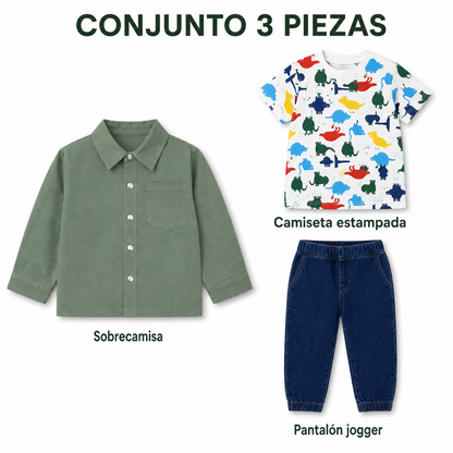 Conjunto Infantil para Niño de 3 Piezas – Sobrecamisa Verde, Camiseta Estampada y Pantalón Jogger