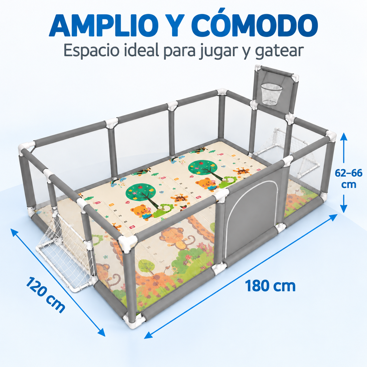 Corral de Juegos Premium 180x120 cm + Tapete Extra Grueso 1 cm + 30 Pelotas + Canasta