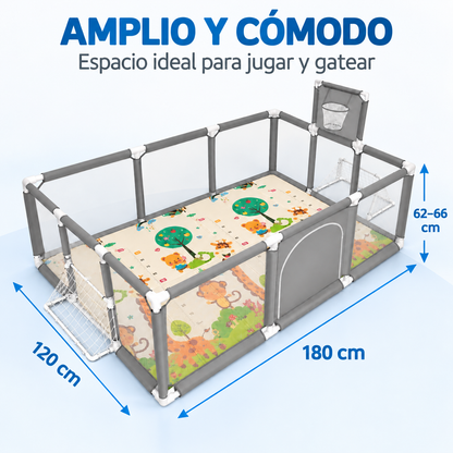 Corral de Juegos Premium 180x120 cm + Tapete Extra Grueso 1 cm + 30 Pelotas + Canasta