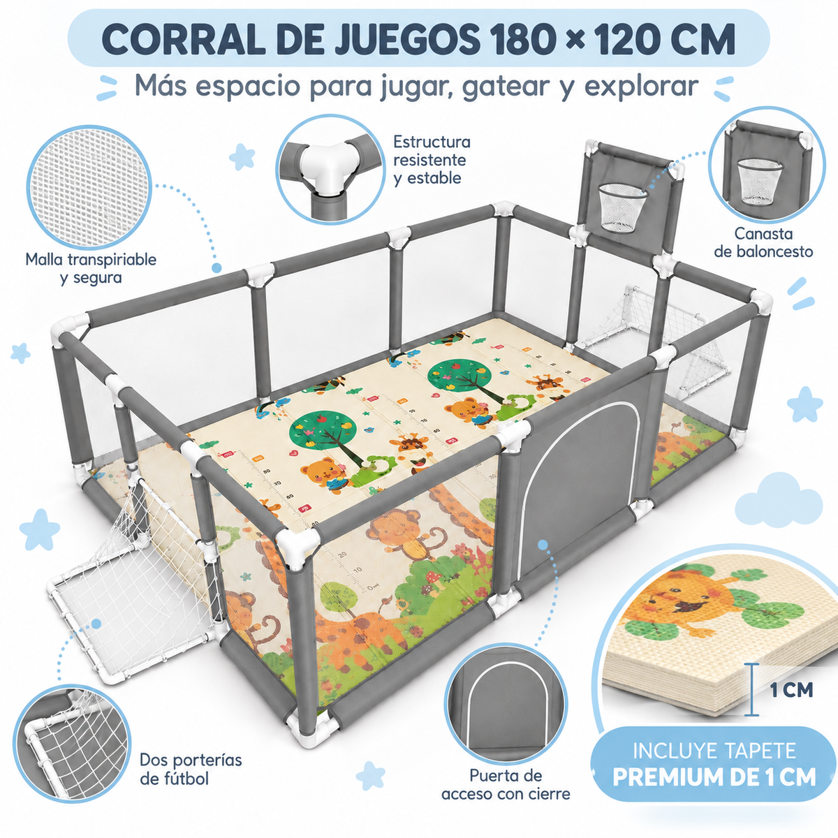 Corral de Juegos Premium 180x120 cm + Tapete Extra Grueso 1 cm + 30 Pelotas + Canasta