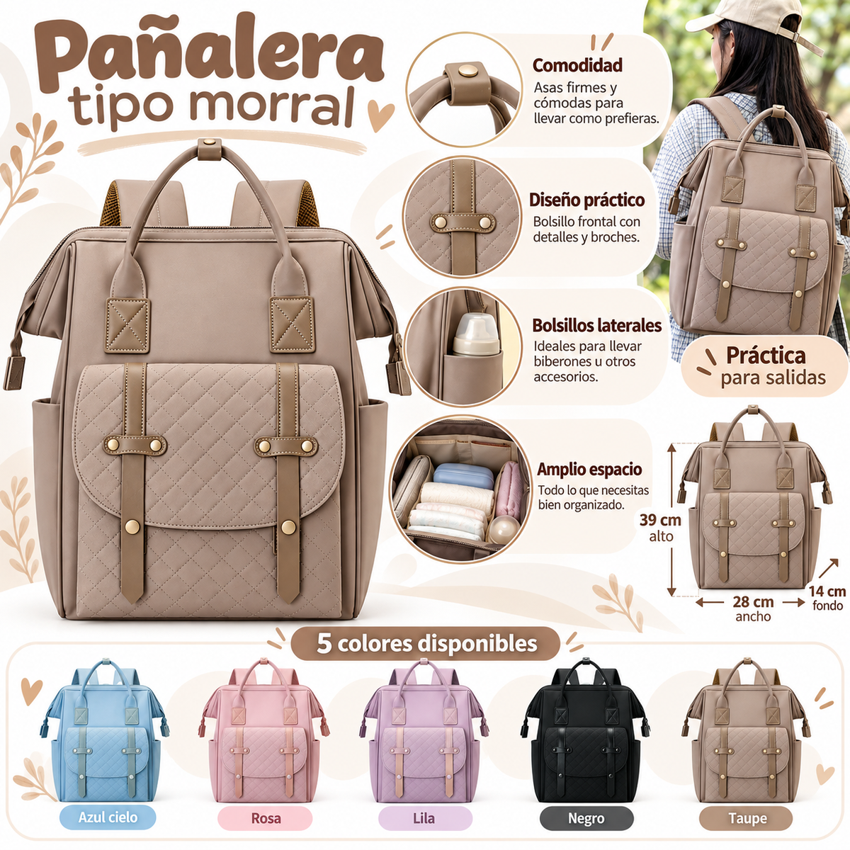 Pañalera Tipo Morral Acolchada para Bebé
