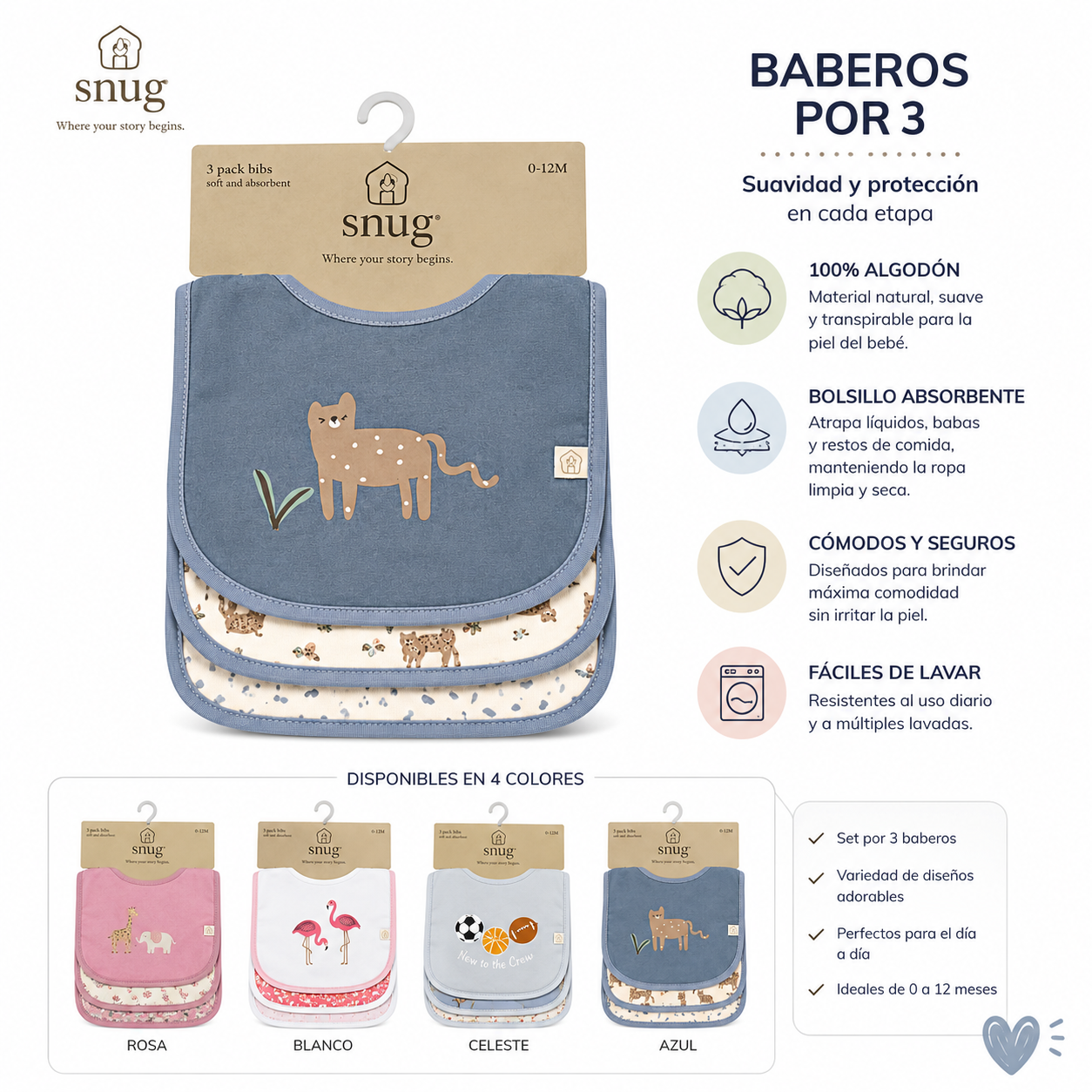 Set de 3 Baberos para Bebé Snug 100% Algodón | Bolsillo Absorbente