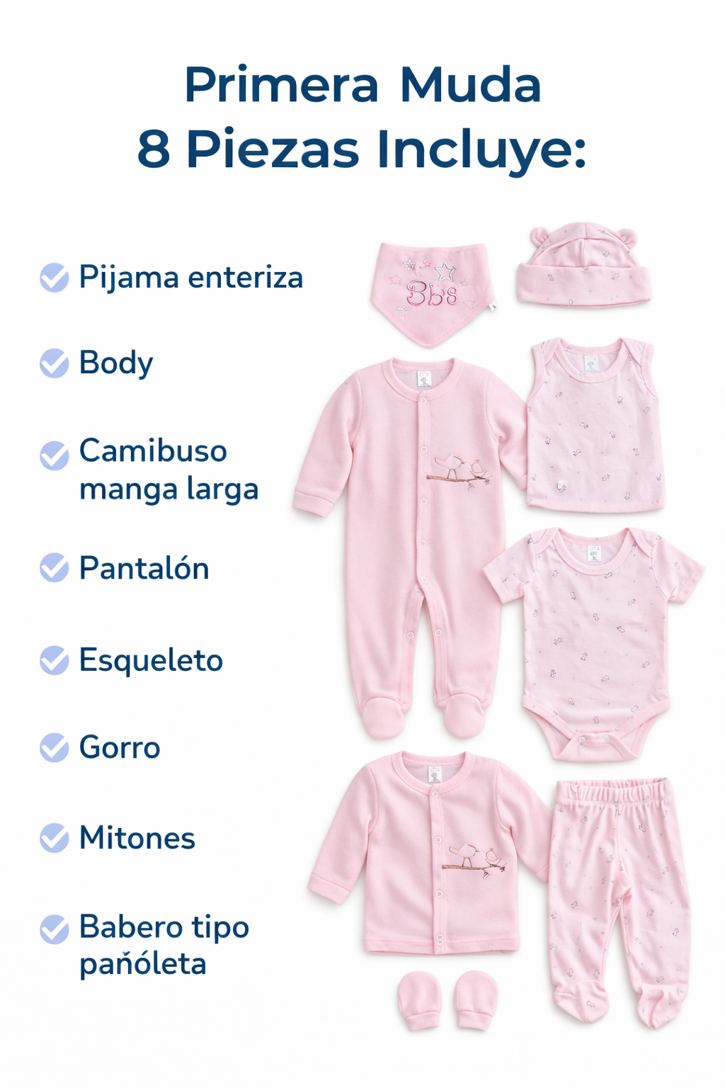 Primera Muda Bordada 8 Piezas En Algodón Rosa