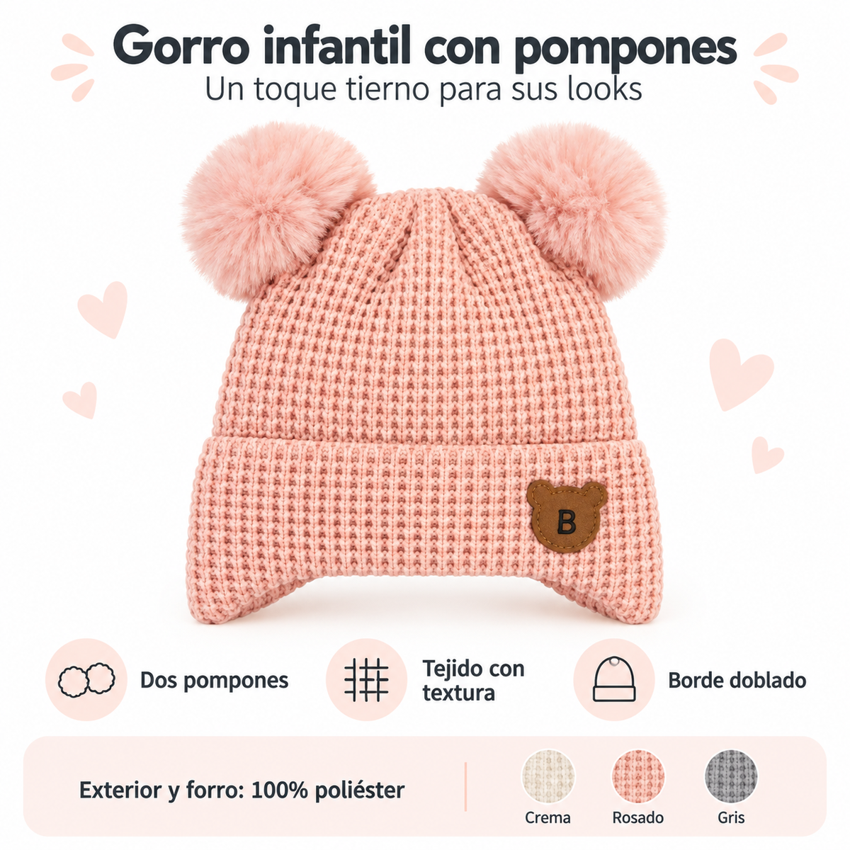 🧸 Gorro infantil tejido con dos pompones