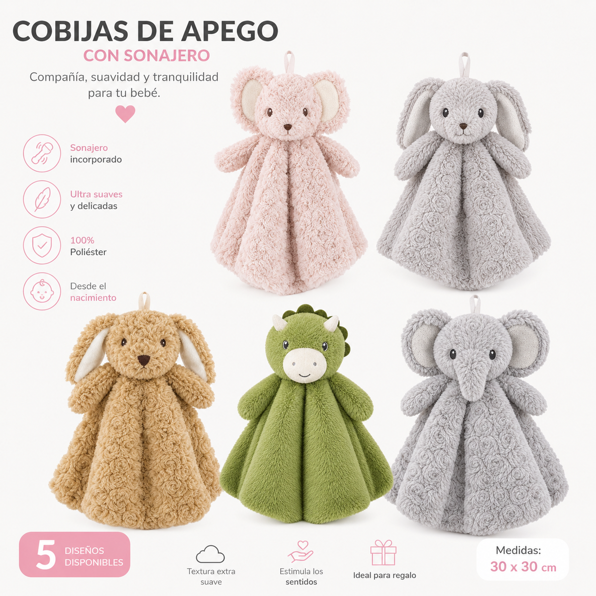 Cobija de Apego con Sonajero para Bebé 38x38 cm | Peluche de Apego 100% Poliéster | 5 Diseños