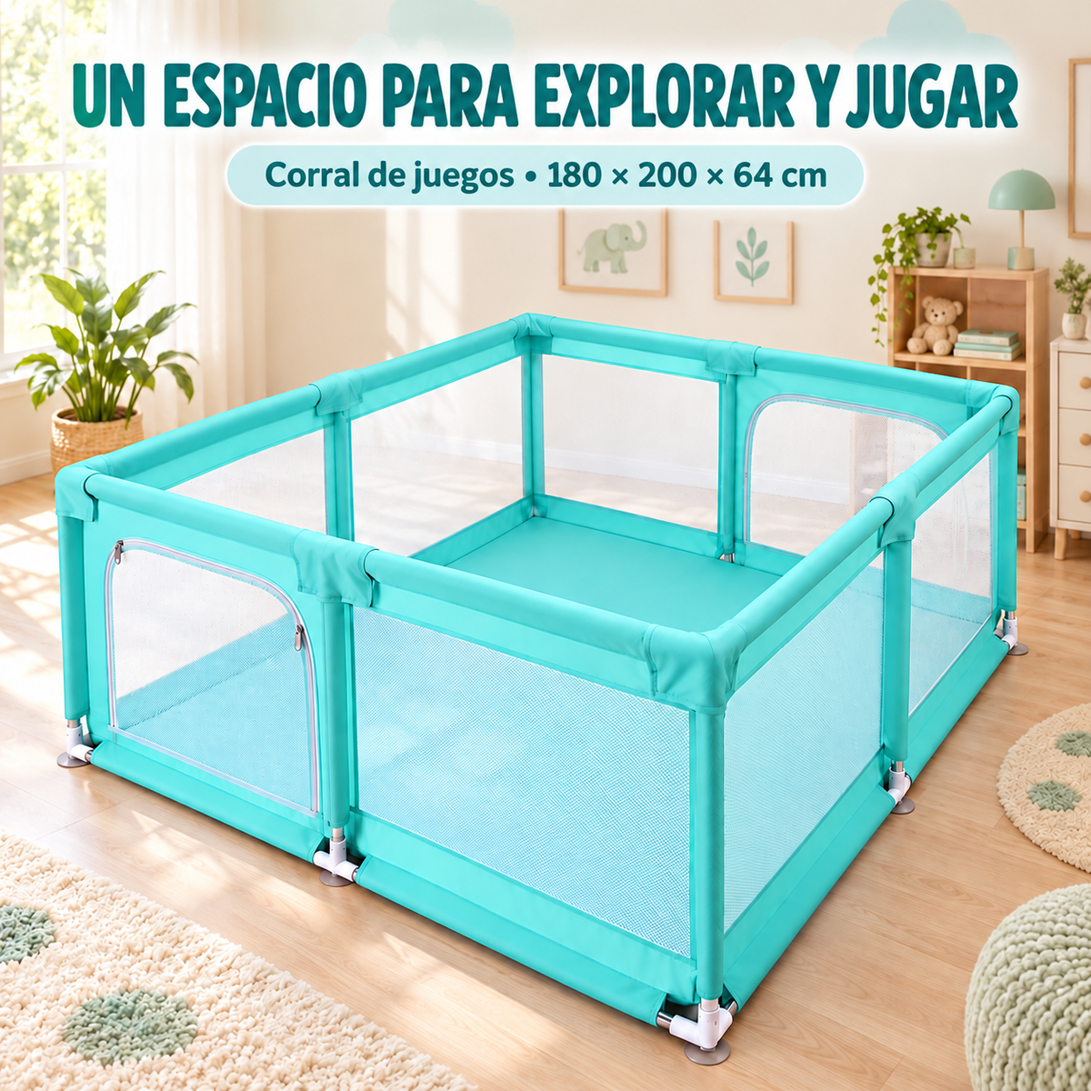 Corral de juegos para bebé 180 × 200 cm con puertas de gateo y tubos acolchados – Verde menta