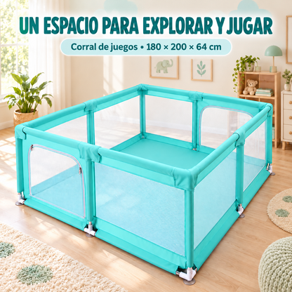 Corral de juegos para bebé 180 × 200 cm con puertas de gateo y tubos acolchados – Verde menta