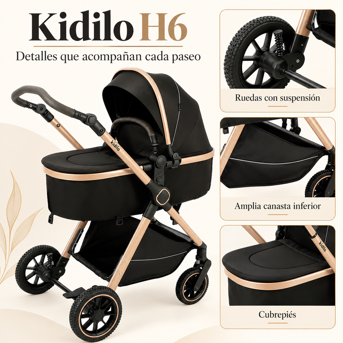 Coche Tipo Moisés Kidilo Con Mango Reversible y Doble Acolchado H6