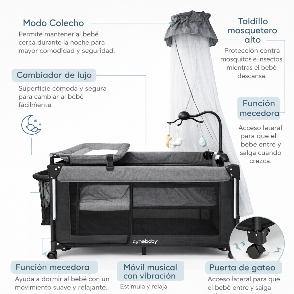 Corral Cuna Colecho Zafiro Deluxe Con Organizador, Móvil musical Electrico y Mecedoras