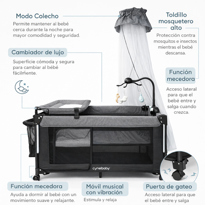 Corral Cuna Colecho Zafiro Deluxe Con Organizador, Móvil musical Electrico y Mecedoras