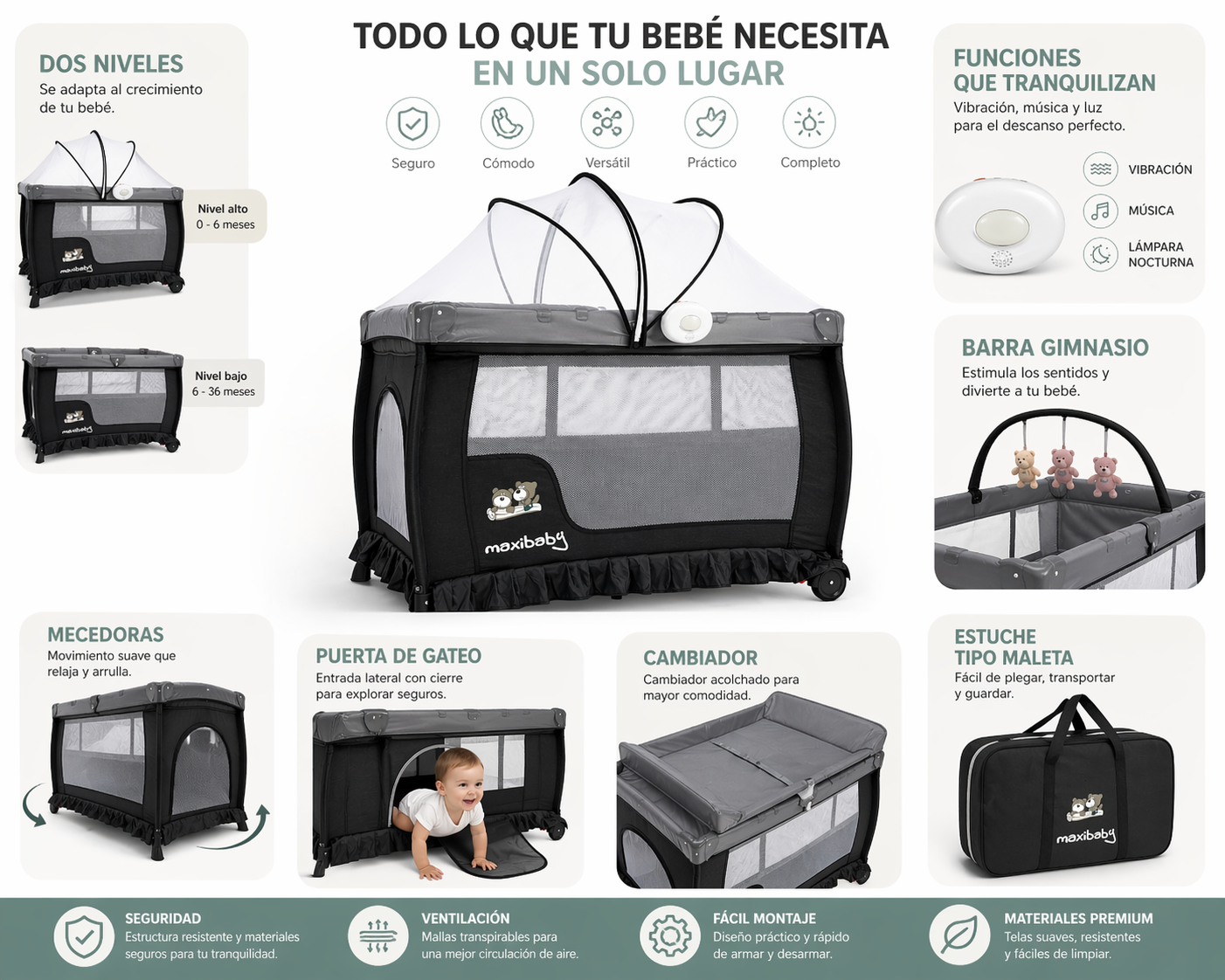 Cuna Corral Campin Maxibaby Con Cambiador, Mecedoras y Caja Musical