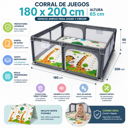 Combo Corral de Juegos para Bebé 180x200 cm + Tapete Plegable Acolchado