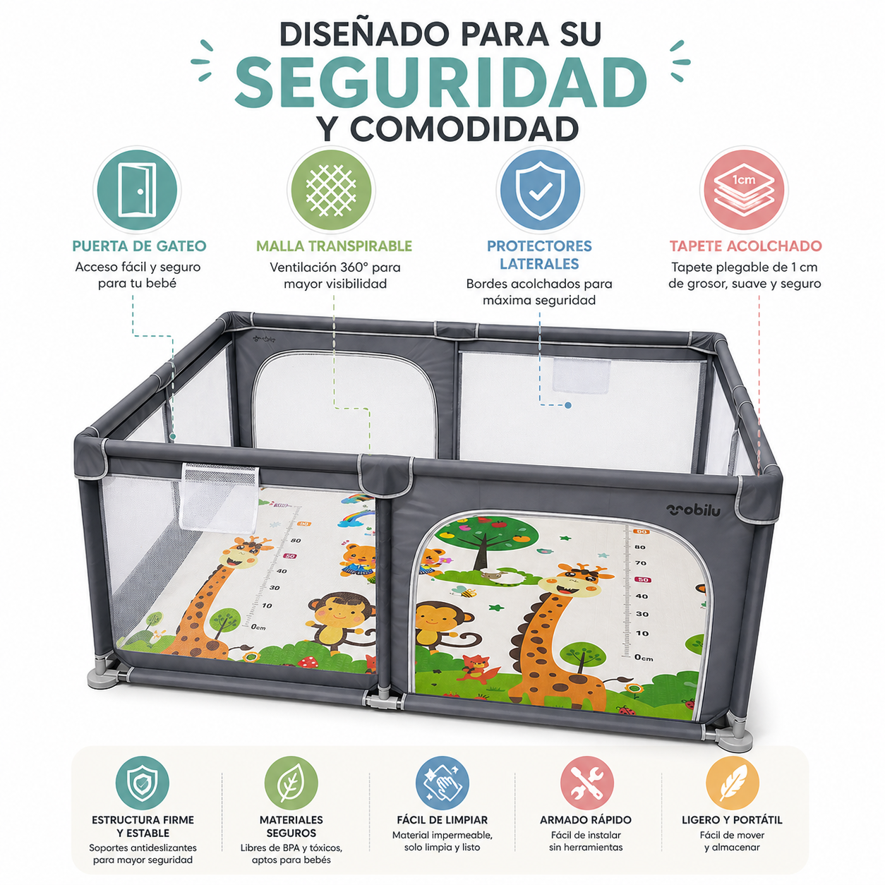 Combo Corral de Juegos para Bebé 180x200 cm + Tapete Plegable Acolchado