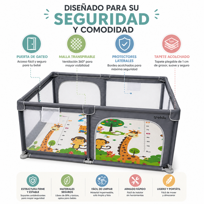 Combo Corral de Juegos para Bebé 180x200 cm + Tapete Plegable Acolchado