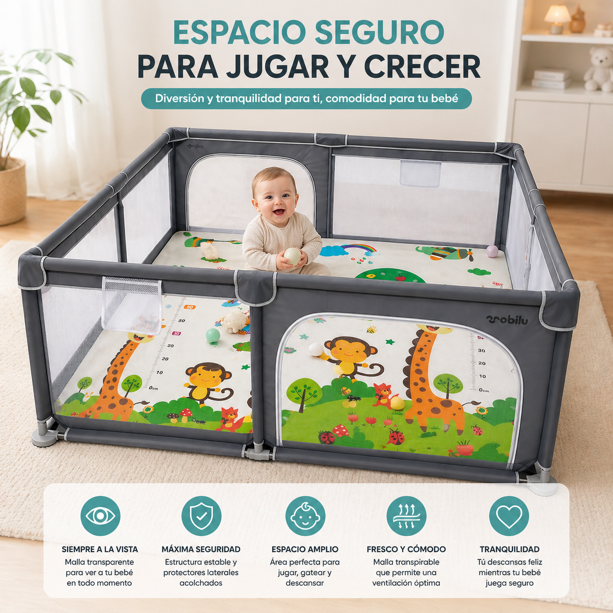 Combo Corral de Juegos para Bebé 180x200 cm + Tapete Plegable Acolchado