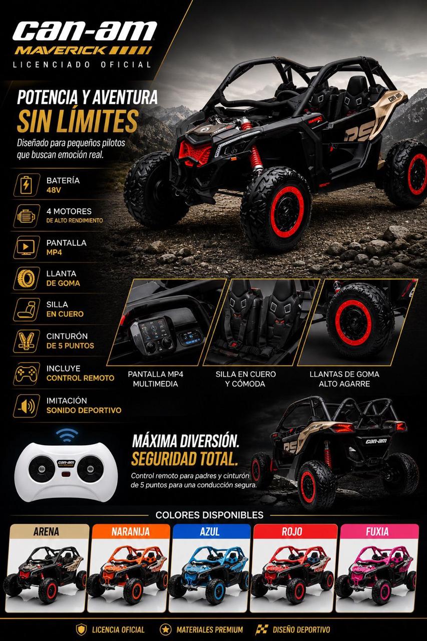 Carro Eléctrico Super Can-am Maverick 4x4 Con Control Remoto 5 Motores Licenciado 48 Voltios Con Pantalla De Video