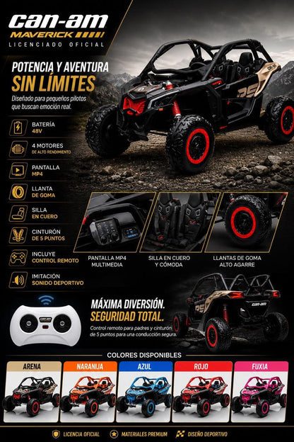 Carro Eléctrico Super Can-am Maverick 4x4 Con Control Remoto 5 Motores Licenciado 48 Voltios Con Pantalla De Video