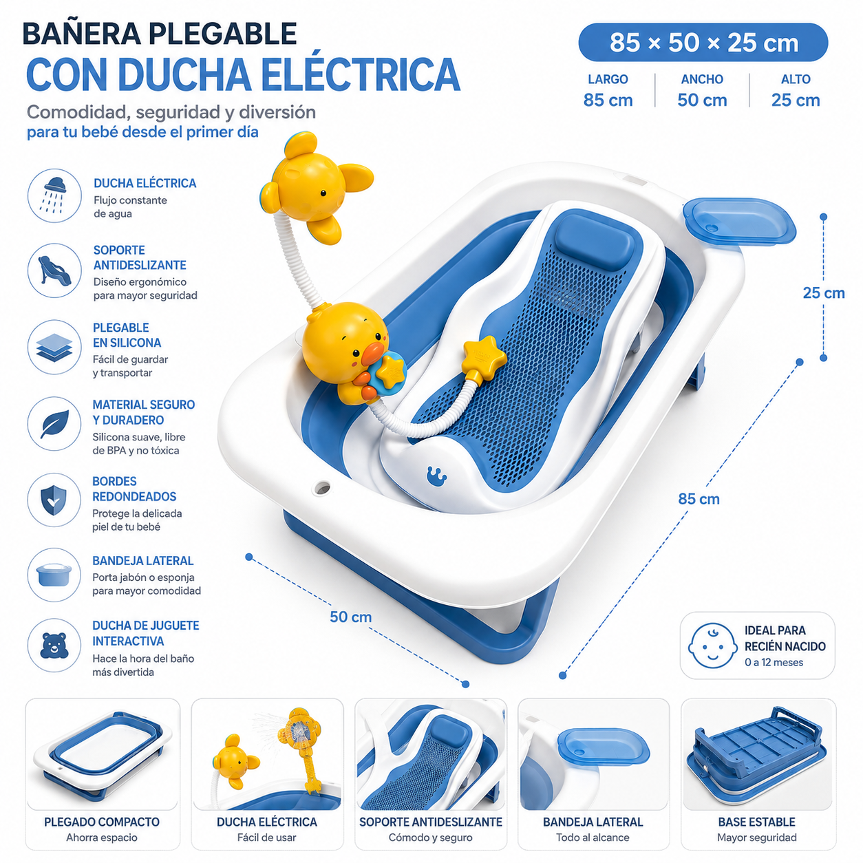 Combo Bañera Plegable, Extra Grande Con Soporte En Silicona y Ducha Eléctrica