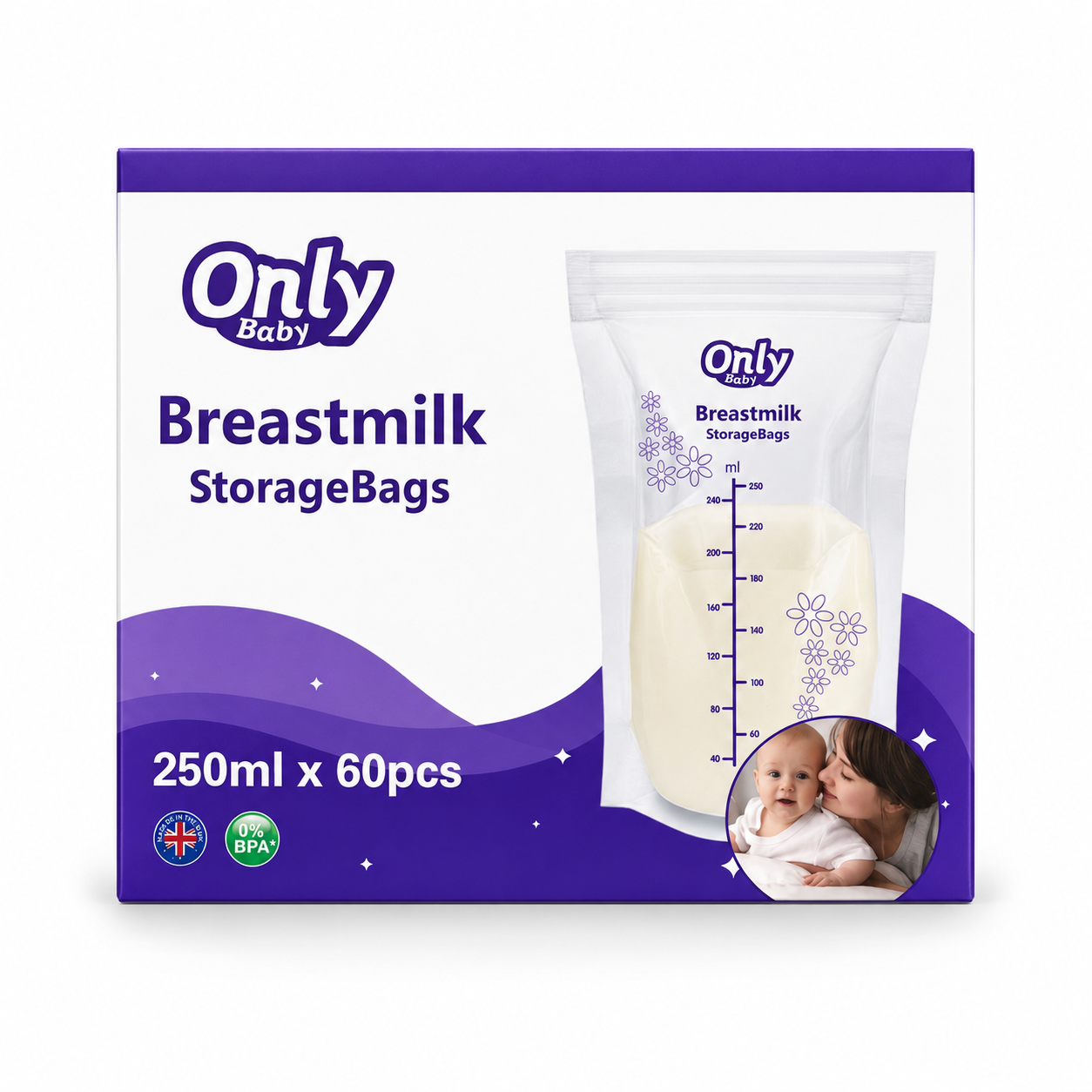 Bolsas para Almacenamiento de Leche Materna Only Baby 250ml x 60 Unidades