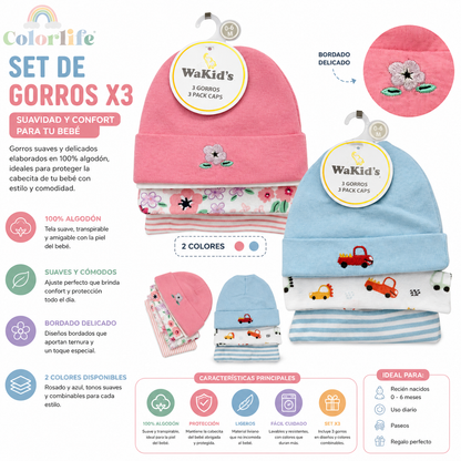 Set x3 Gorros para Bebé 100% Algodón – 0 a 6 Meses