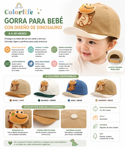 Gorra para Bebé con Dinosaurio 3D Ajustable | 6 a 36 Meses