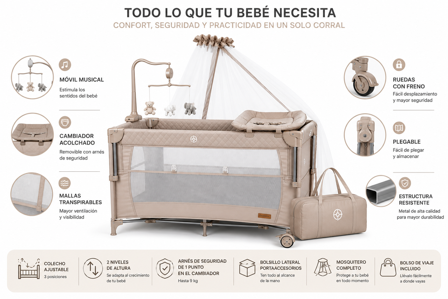 Cuna Colecho Bebesitos Premium Con Movil, Mecedora y Cambiador