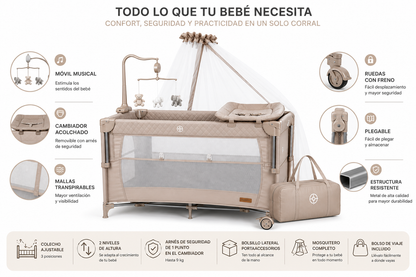 Cuna Colecho Bebesitos Premium Con Movil, Mecedora y Cambiador
