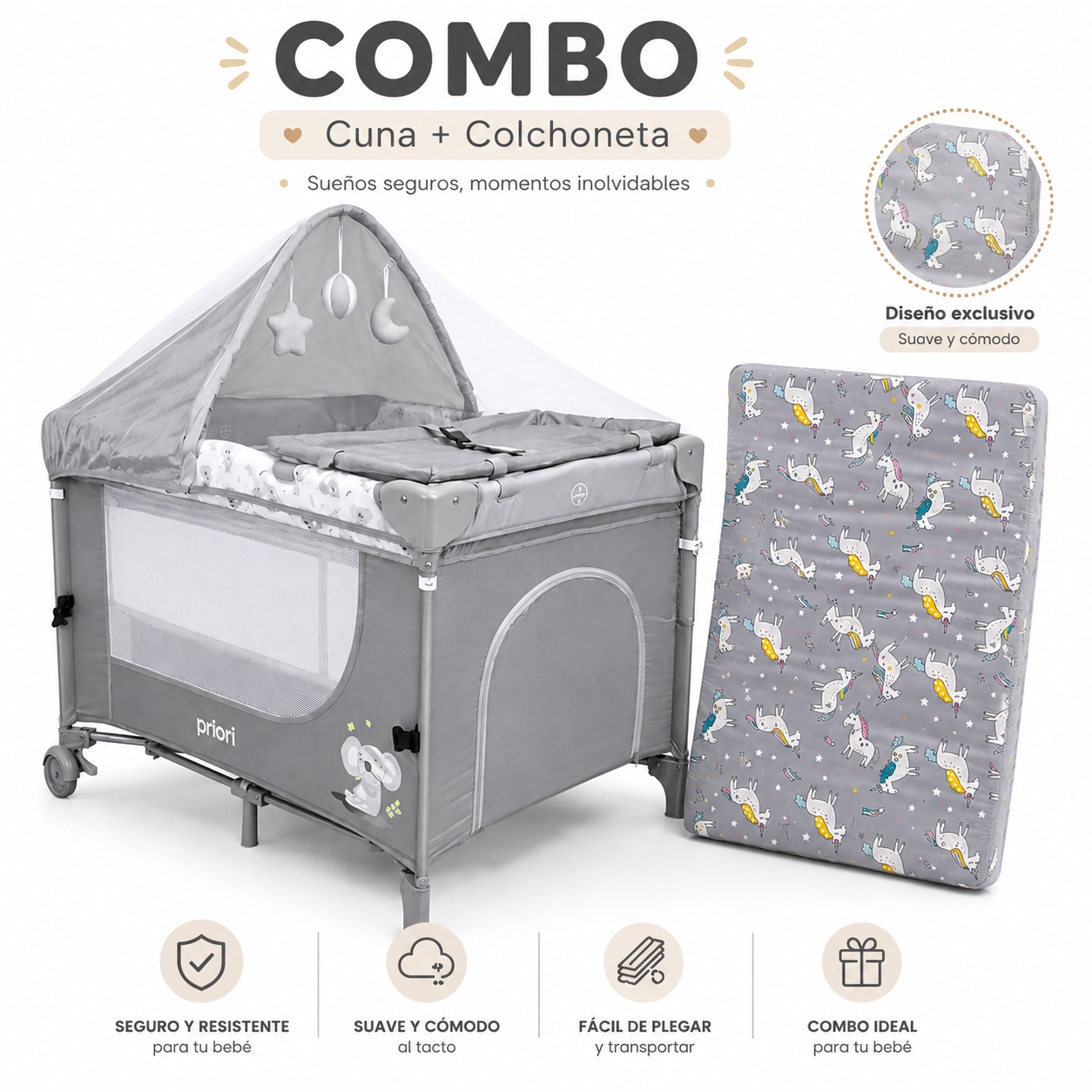 Combo Cuna Colecho Madison Priori + Colchoneta Premium 60 × 90 × 10 cm