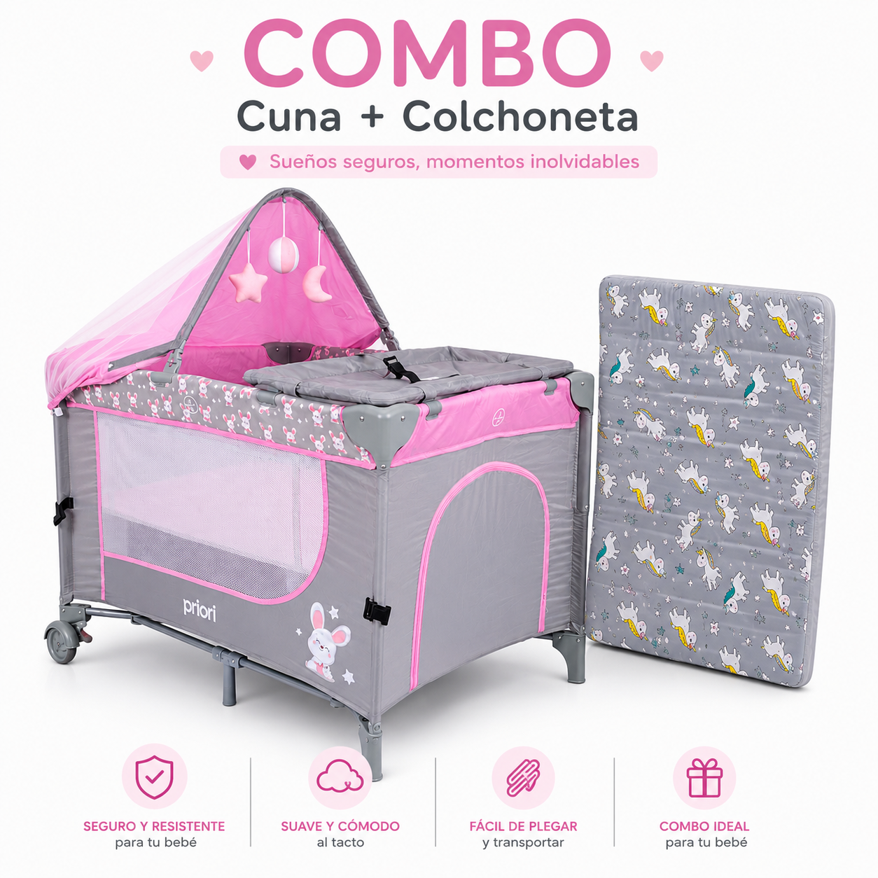 Combo Cuna Colecho Madison Priori + Colchoneta Premium 60 × 90 × 10 cm