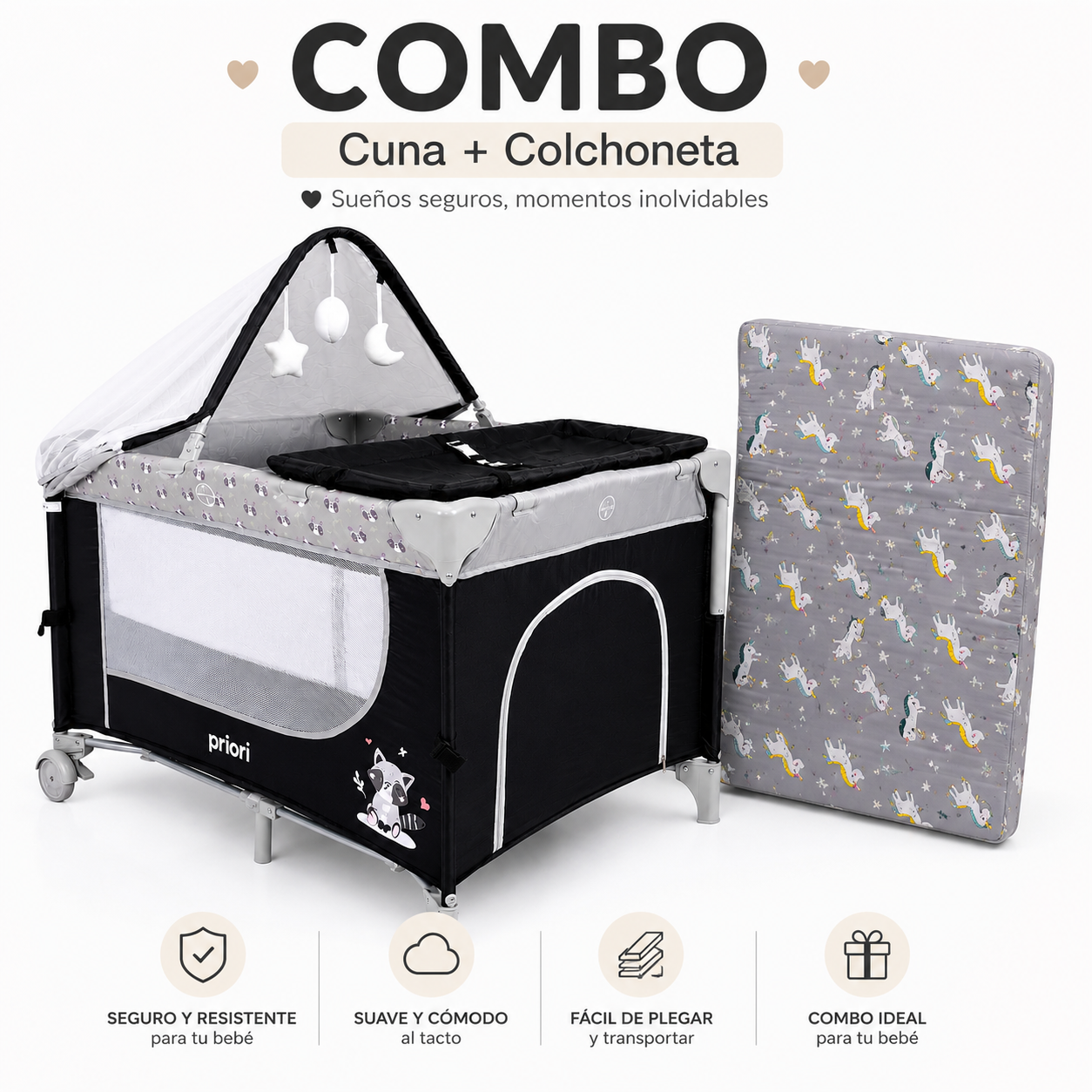 Combo Cuna Colecho Madison Priori + Colchoneta Premium 60 × 90 × 10 cm