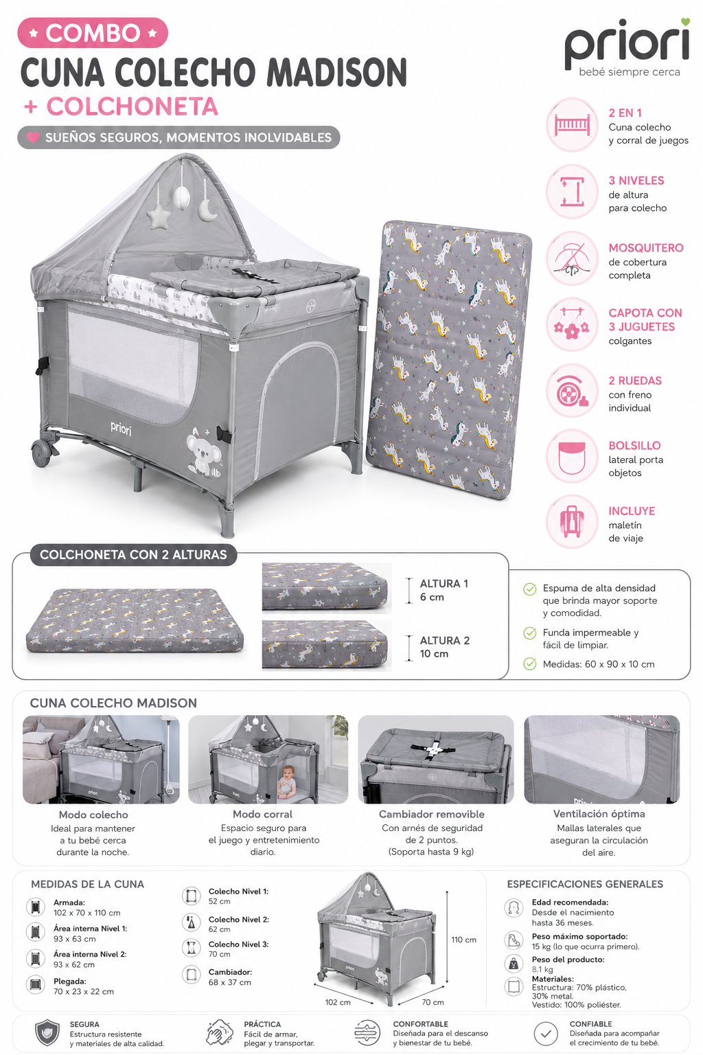 Combo Cuna Colecho Madison Priori + Colchoneta Premium 60 × 90 × 10 cm