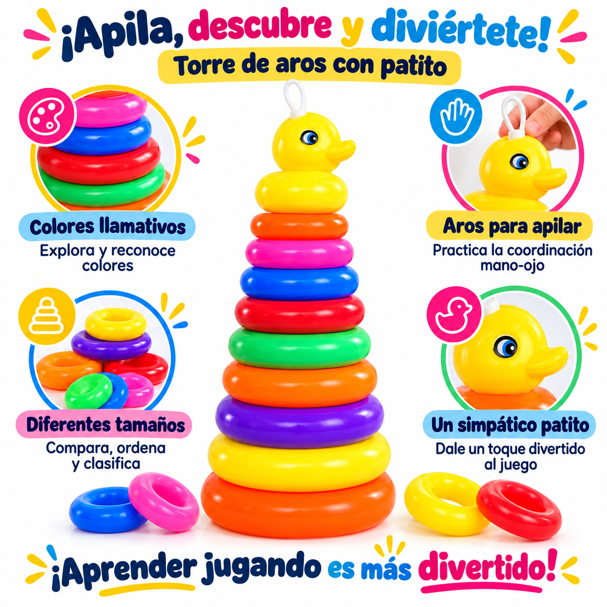 Torre de aros con patito: ¡apila, aprende y diviértete!