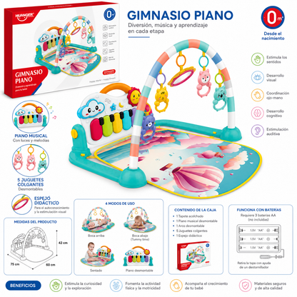 Gimnasio Piano Musical para Bebé Nube | Tapete de Actividades con Piano, Espejo y 5 Juguetes Colgantes