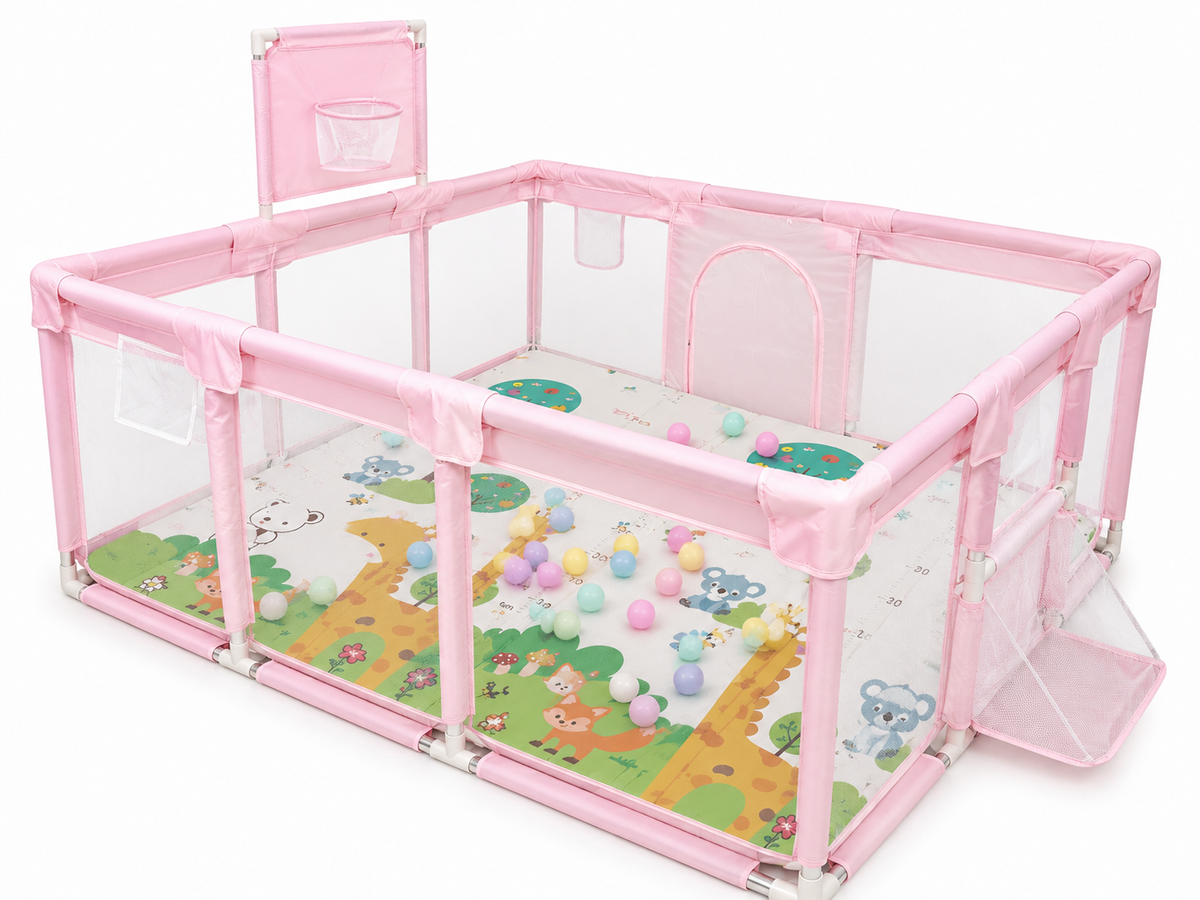 Corral de Juegos Premium 180x120 cm + Tapete Extra Grueso 1 cm + 30 Pelotas + Canasta