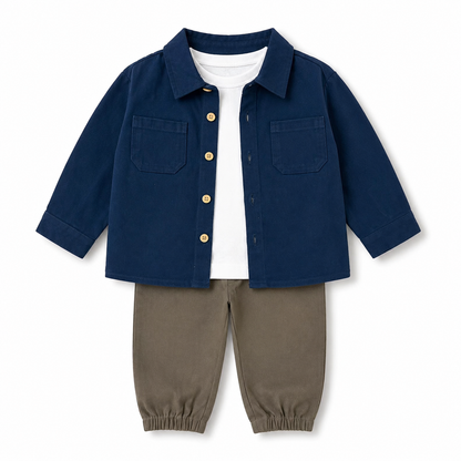 Conjunto Infantil para Niño de 3 Piezas – Sobrecamisa, Camiseta y Pantalón Jogger en Dril