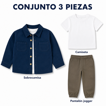Conjunto Infantil para Niño de 3 Piezas – Sobrecamisa, Camiseta y Pantalón Jogger en Dril