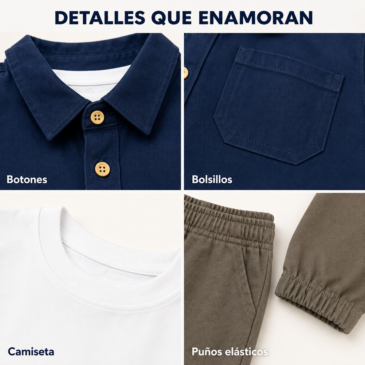 Conjunto Infantil para Niño de 3 Piezas – Sobrecamisa, Camiseta y Pantalón Jogger en Dril