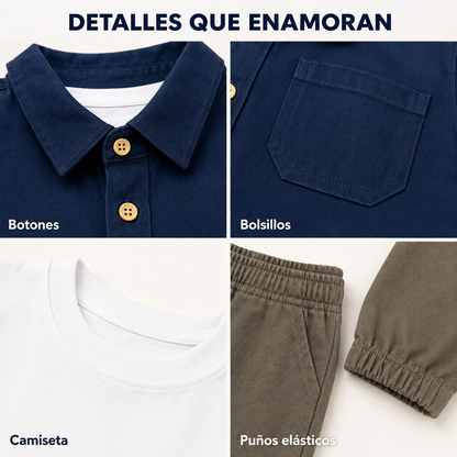 Conjunto Infantil para Niño de 3 Piezas – Sobrecamisa, Camiseta y Pantalón Jogger en Dril