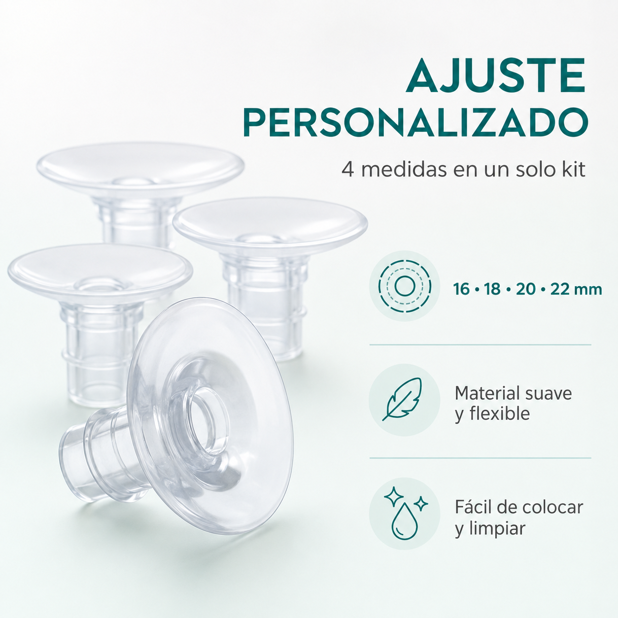 Kit de 4 Adaptadores de Pezón para Extractor – 16, 18, 20 y 22 mm