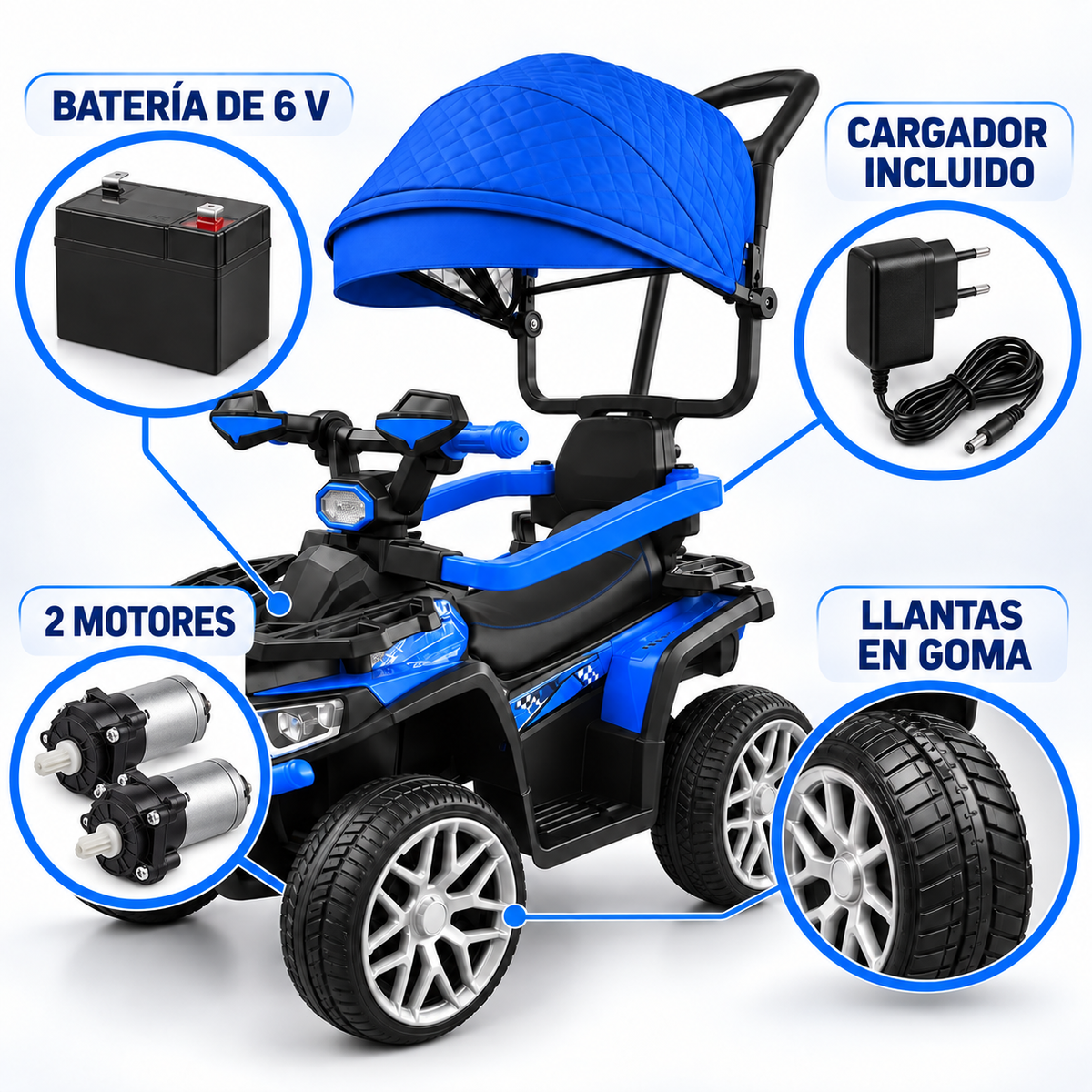 Cuatrimoto Eléctrica Infantil 6V Con Control Remoto, Llantas En Goma, 2 Motores y Asiento En Cuero