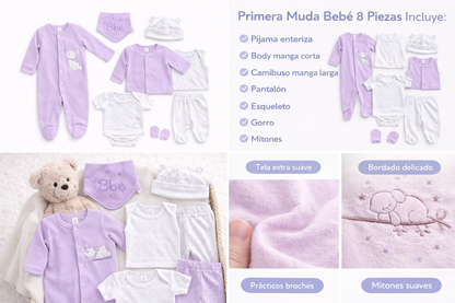 Primera Muda Bordada 8 Piezas En Algodón Lila