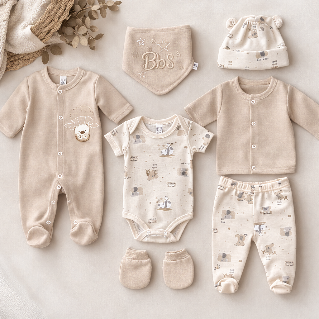 Primera Muda Bordada 8 Piezas En Algodón Beige