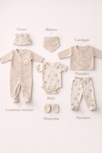 Primera Muda Bordada 8 Piezas En Algodón Beige